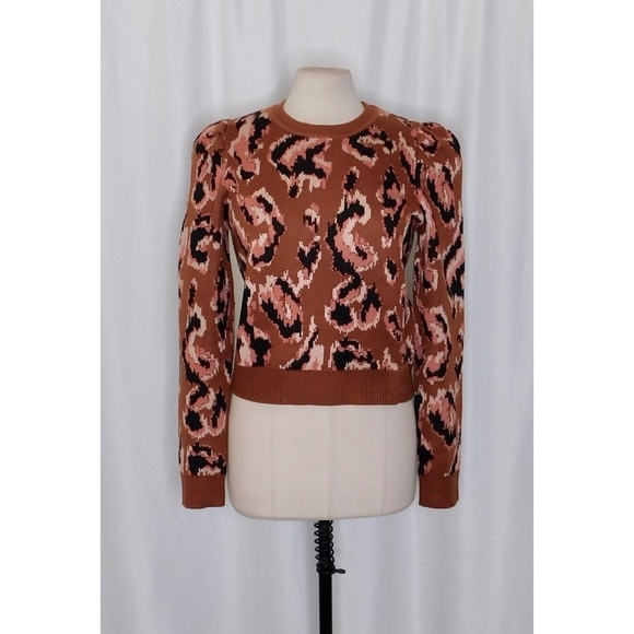 DEREK LAM Collective Brown Animal Print Sweater Leopard Puff Sleeves Large - Picture 3 of 15